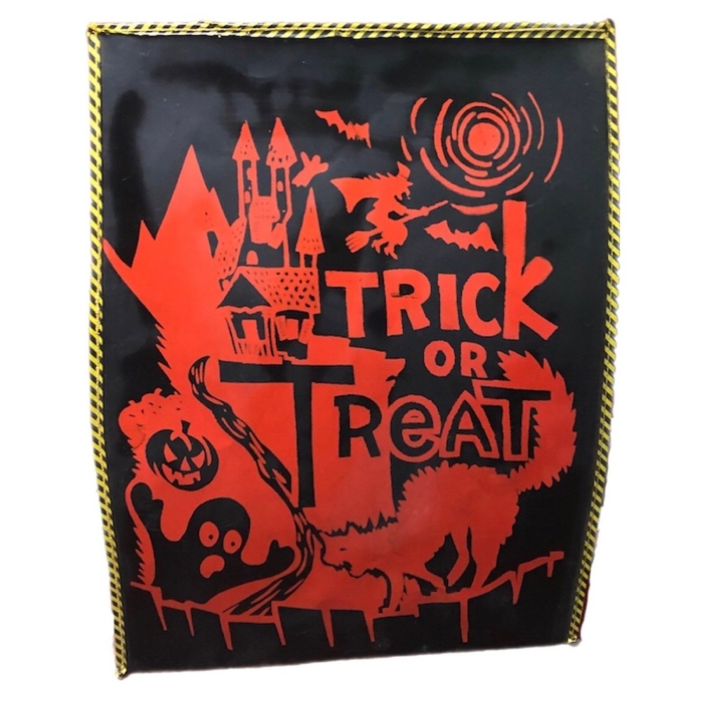 Vintage Halloween Trick or Treat Bag Orange Black Haunted House Witch Cat Ghost